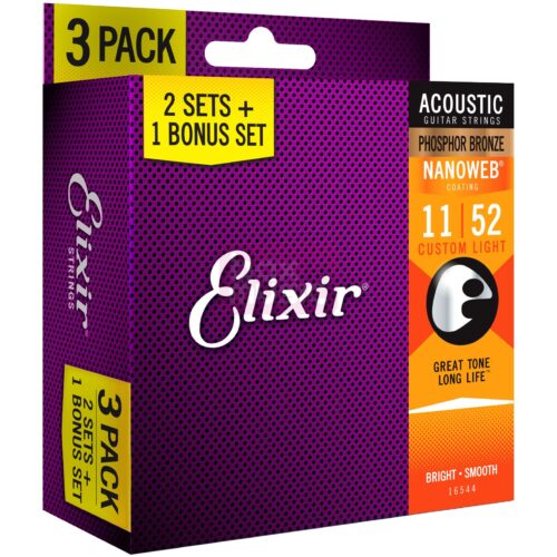 Elixir Phosphor Bronze Nanoweb Acoustic Guitar Strings (11-52) - Pack of 3 Sets 16544