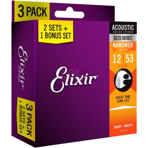 Elixir 80/20 Bronze Nanoweb Acoustic Guitar Strings (12-53) - Pack of 3 Sets 16539